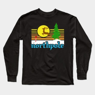 North Pole Souvenir with Reindeer, in the Sunset With Pine Tree and Striped Pole Long Sleeve T-Shirt